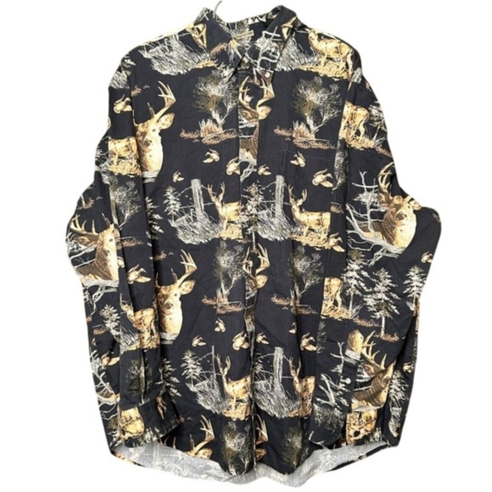 Deer‎ Wildlife Print Button Down Shirt Black Wrinkle Free Natural Issue Mens XXL